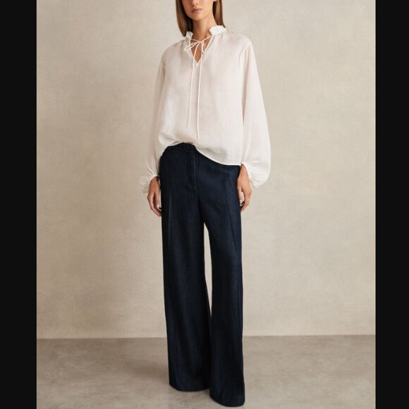 Reiss Denim-Look Wide-Leg Trousers in Dark Blue - Picture 1 of 4